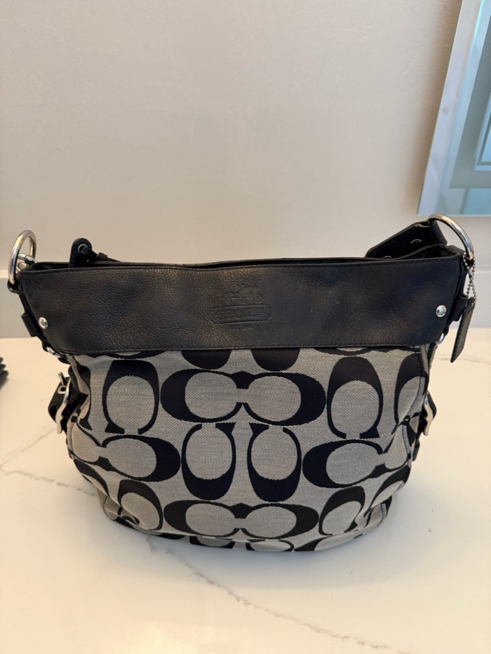 Coach Black and Gray Signature Canvas Shoulder Bag